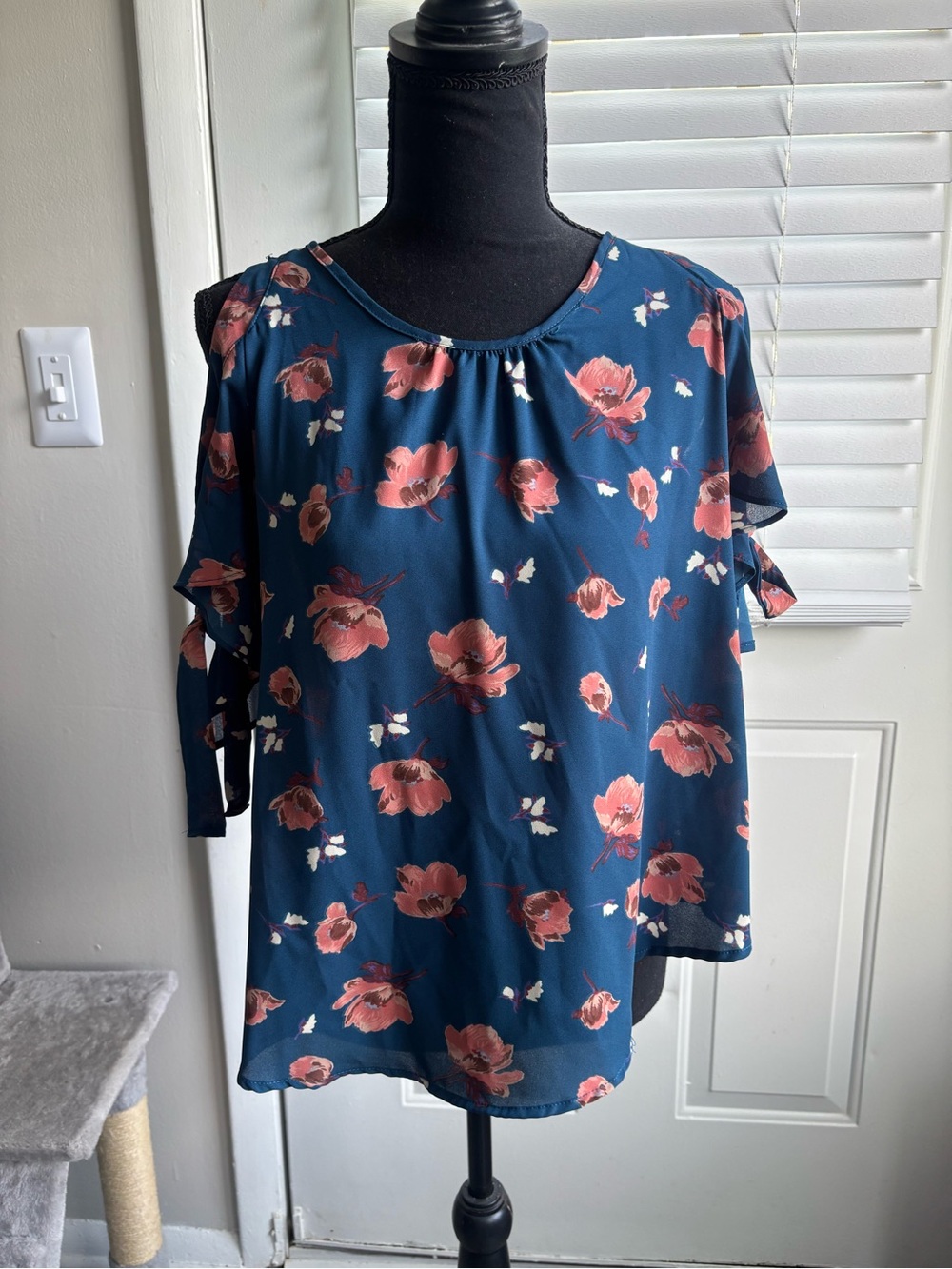 Sienna Sky Navy Floral Cold-Shoulder Blouse with Coral Flowers